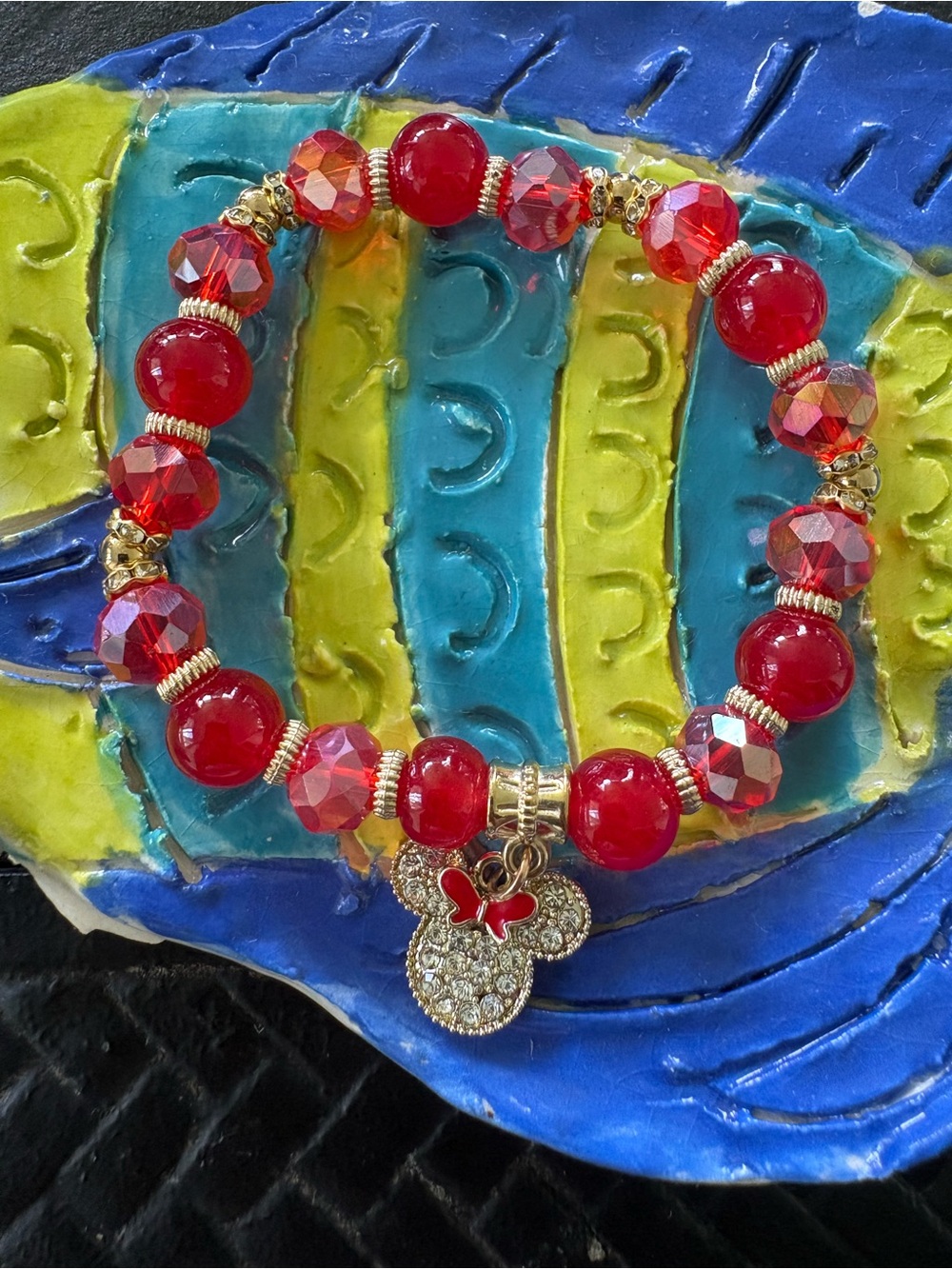 Red Crystal Bead Charm Bracelet with Pavé Minnie Pendant